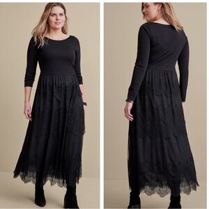 $180 NWT Soft Surroundings Frederica Tiered Maxi Dress Small Black Lace
